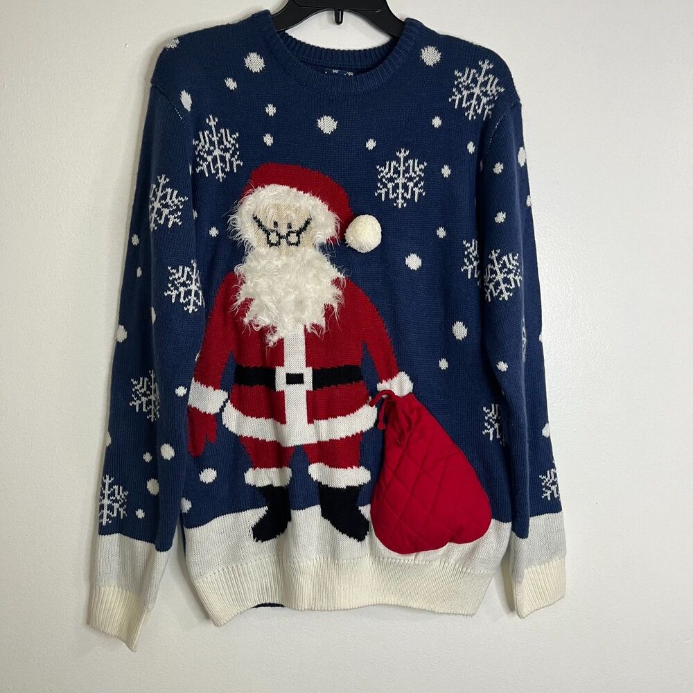 Cedar Wood State Christmas Santa Claus Snowflakes Blue White Pullover Sweater M